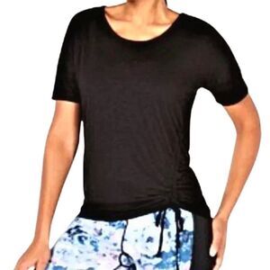 Top Short Sleeve Yoga Simi Fitted Scoop Neck Adjustable Side Ruching Black XS